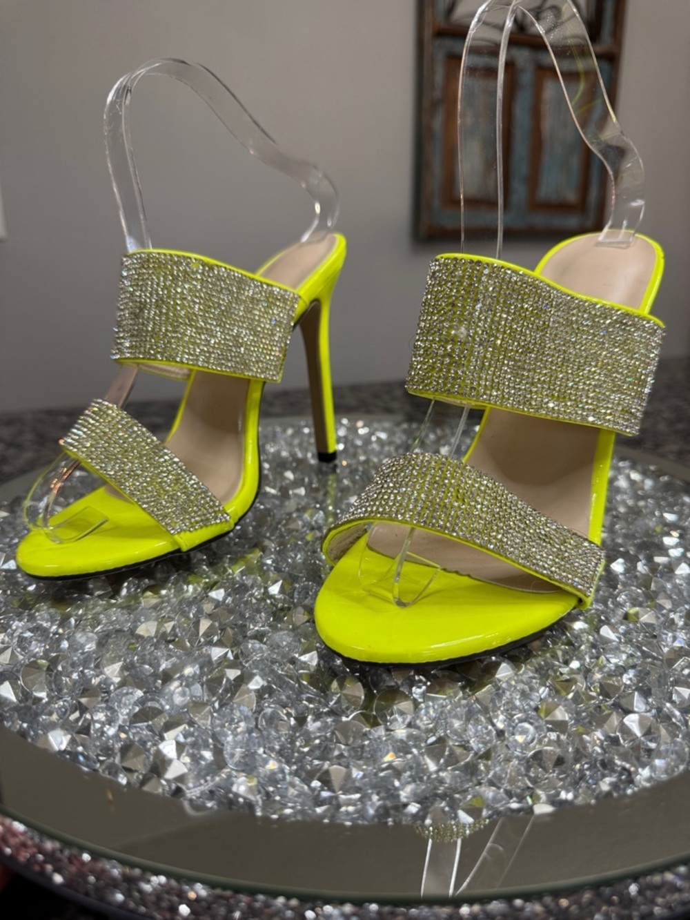 Neon Yellow Rhinestone Slide Heel Sandals EUC 7.5-8